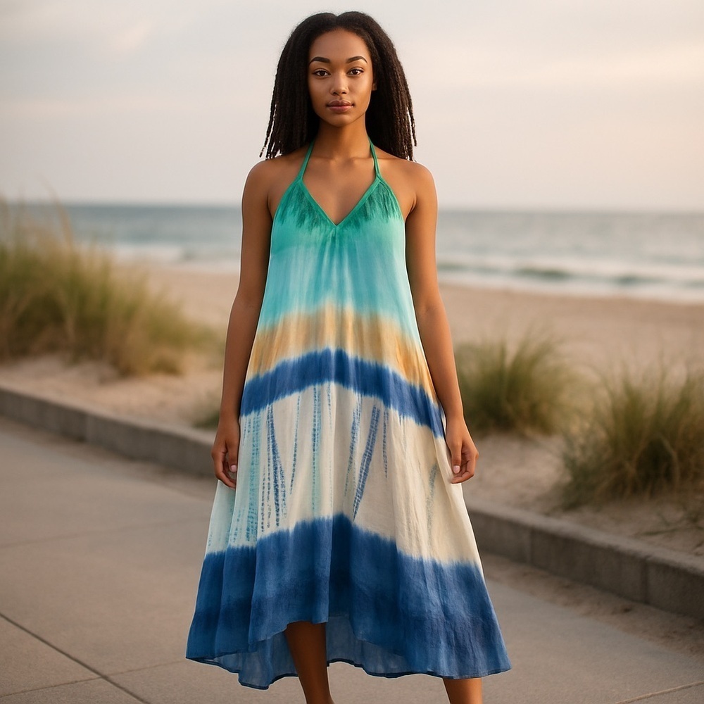 Tangerine Temple boutique vacation Tie-Dye Halter Dress waist measures 30”